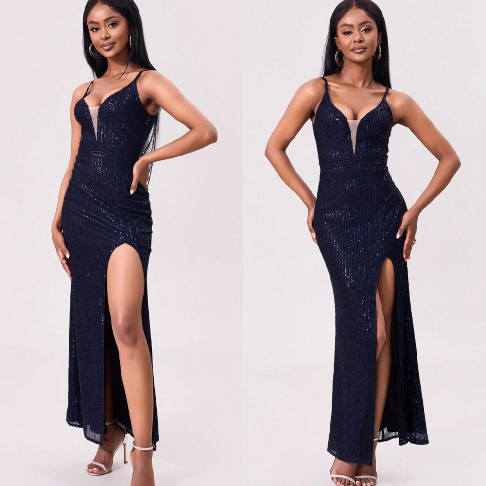 Elegant Navy Backless Sequin Evening Dress